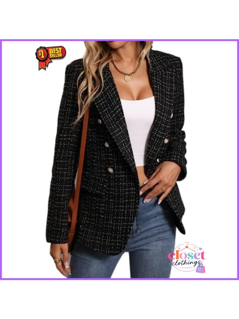 Tweed Plaid Blazer Peaked Lapel Double Breasted Business Casual Coat
